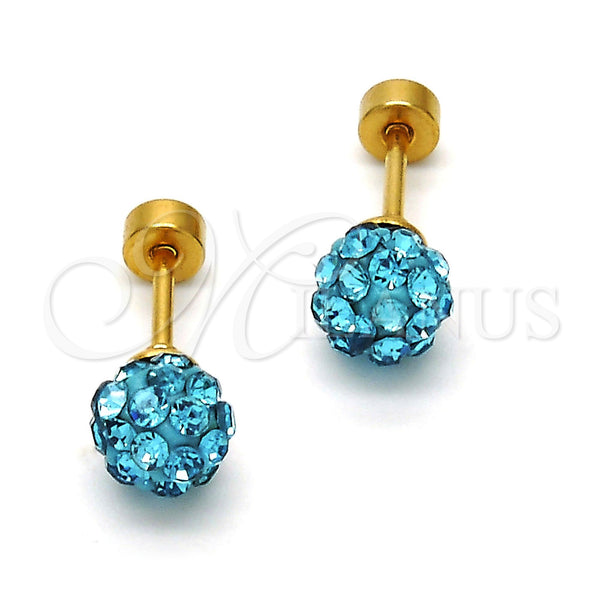 Stainless Steel Stud Earring, Ball Design, with Aqua Blue Crystal, Polished, Golden Finish, 02.271.0010.4