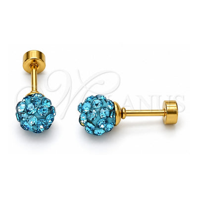 Stainless Steel Stud Earring, Ball Design, with Aqua Blue Crystal, Polished, Golden Finish, 02.271.0010.4