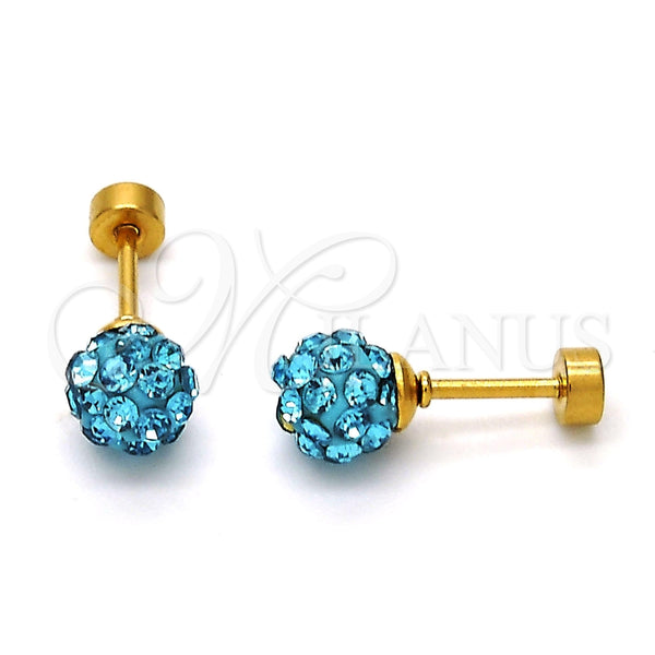 Stainless Steel Stud Earring, Ball Design, with Aqua Blue Crystal, Polished, Golden Finish, 02.271.0010.4
