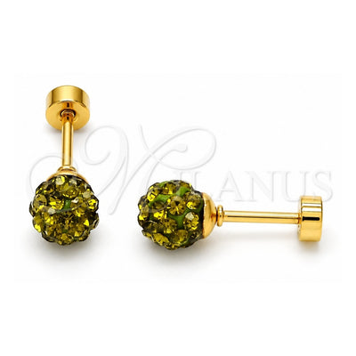Stainless Steel Stud Earring, Ball Design, with Dark Peridot Crystal, Polished, Golden Finish, 02.271.0010.5
