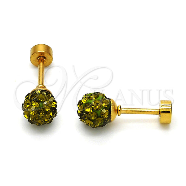 Stainless Steel Ring — Stud Earring Ball Design with Dark Peridot Crystal — main product view — SKU 113340 | Acero Inoxidable anillo — Stud Earring Ball diseño with Dark Peridot cristal — SKU 113340