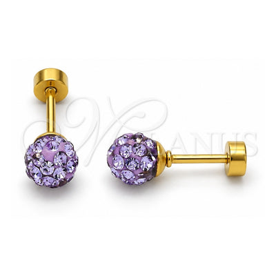 Stainless Steel Stud Earring, Ball Design, with Lavender Crystal, Polished, Golden Finish, 02.271.0010.8