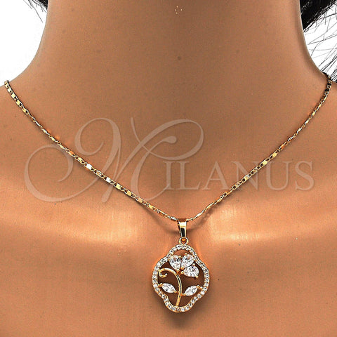 Oro Laminado Pendant Necklace, Gold Filled Style Leaf and Teardrop Design, with White Cubic Zirconia, Polished, Golden Finish, 04.217.0003.18 (02 MM Thickness, 18 Inches Length)