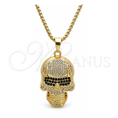 Oro Laminado Pendant Necklace, Gold Filled Style Skull Design, with White and Black Crystal, Polished, Golden Finish, 04.242.0076.30 (03 MM Thickness, 30 Inches Length)