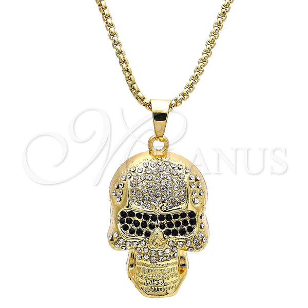 Oro Laminado Pendant Necklace, Gold Filled Style Skull Design, with White and Black Crystal, Polished, Golden Finish, 04.242.0076.30 (03 MM Thickness, 30 Inches Length)