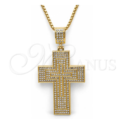 Oro Laminado Pendant Necklace, Gold Filled Style Cross Design, with White Crystal, Polished, Golden Finish, 04.242.0077.30 (03 MM Thickness, 30 Inches Length)