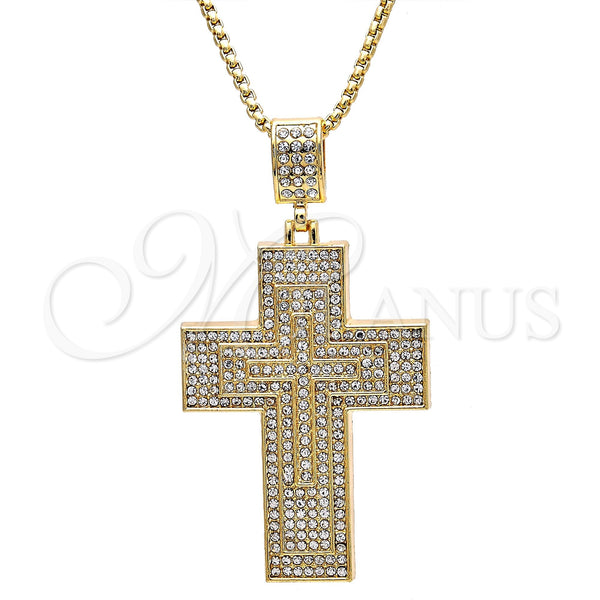 Oro Laminado Pendant Necklace, Gold Filled Style Cross Design, with White Crystal, Polished, Golden Finish, 04.242.0077.30 (03 MM Thickness, 30 Inches Length)