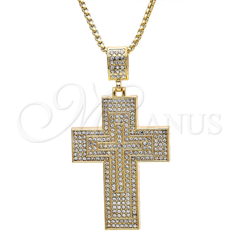 Oro Laminado Pendant Necklace, Gold Filled Style Cross Design, with White Crystal, Polished, Golden Finish, 04.242.0077.30 (03 MM Thickness, 30 Inches Length)
