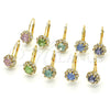 Oro Laminado Leverback Earring, Gold Filled Style Flower Design, with Garnet and White Crystal, Polished, Golden Finish, 02.122.0085.2
