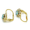 Oro Laminado Leverback Earring, Gold Filled Style Flower Design, with Aquamarine and White Crystal, Polished, Golden Finish, 02.122.0085.3