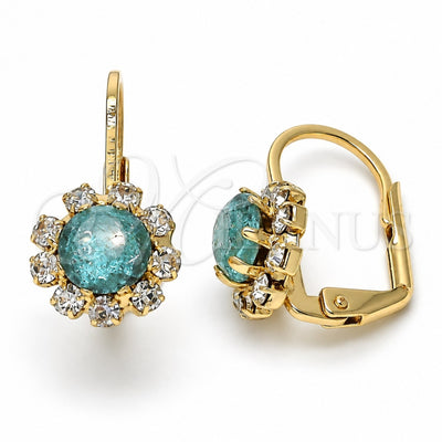 Oro Laminado Leverback Earring, Gold Filled Style Flower Design, with Aquamarine and White Crystal, Polished, Golden Finish, 02.122.0085.3