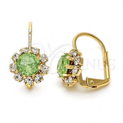 Oro Laminado Leverback Earring, Gold Filled Style Flower Design, with Light Green and White Crystal, Polished, Golden Finish, 02.122.0085.5