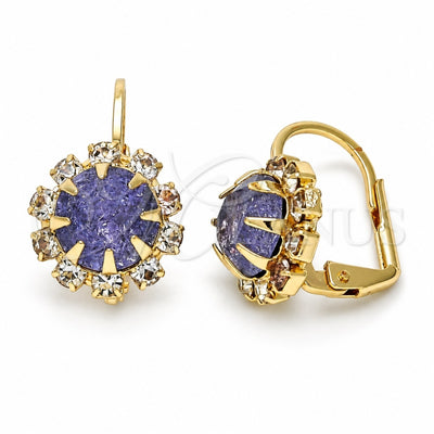 Oro Laminado Leverback Earring, Gold Filled Style Flower Design, with Amethyst and White Crystal, Polished, Golden Finish, 02.122.0086.1