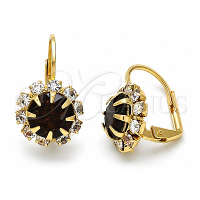 Oro Laminado Leverback Earring, Gold Filled Style Flower Design, with Garnet and White Crystal, Polished, Golden Finish, 02.122.0086.2