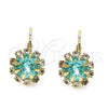 Oro Laminado Leverback Earring, Gold Filled Style Flower Design, with Aqua Blue and White Crystal, Polished, Golden Finish, 02.122.0086.3