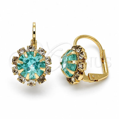 Oro Laminado Leverback Earring, Gold Filled Style Flower Design, with Aqua Blue and White Crystal, Polished, Golden Finish, 02.122.0086.3