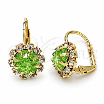 Oro Laminado Leverback Earring, Gold Filled Style Flower Design, with Light Green and White Crystal, Polished, Golden Finish, 02.122.0086.5