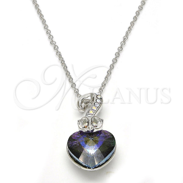 Rhodium Plated Pendant Necklace, Heart Design, with Paradise Shine and Aurore Boreale Swarovski Crystals, Polished, Rhodium Finish, 04.239.0044.10.18 (01 MM Thickness, 18 Inches Length)