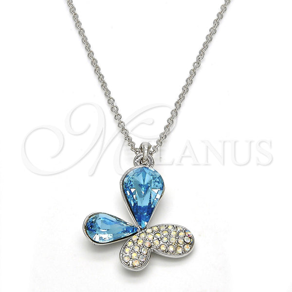Rhodium Plated Pendant Necklace, Butterfly Design, with Aquamarine and Aurore Boreale Swarovski Crystals, Polished, Rhodium Finish, 04.239.0043.8.18 (01 MM Thickness, 18 Inches Length)