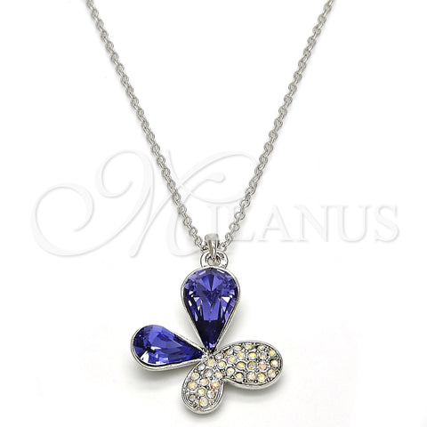 Rhodium Plated Pendant Necklace, Butterfly Design, with Tanzanite and Aurore Boreale Swarovski Crystals, Polished, Rhodium Finish, 04.239.0043.9.18 (01 MM Thickness, 18 Inches Length)