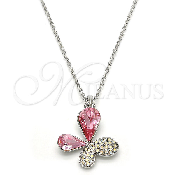Rhodium Plated Pendant Necklace, Butterfly Design, with Light Rose and Aurore Boreale Swarovski Crystals, Polished, Rhodium Finish, 04.239.0043.10.18 (01 MM Thickness, 18 Inches Length)