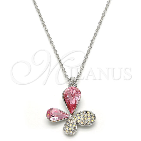 Rhodium Plated Pendant Necklace, Butterfly Design, with Light Rose and Aurore Boreale Swarovski Crystals, Polished, Rhodium Finish, 04.239.0043.10.18 (01 MM Thickness, 18 Inches Length)