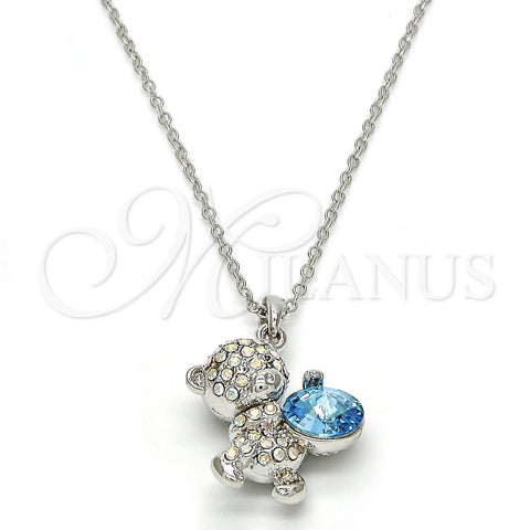 Rhodium Plated Pendant Necklace, Teddy Bear Design, with Aquamarine and Aurore Boreale Swarovski Crystals, Polished, Rhodium Finish, 04.239.0041.9.18 (01 MM Thickness, 18 Inches Length)