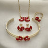 Oro Laminado Earring and Pendant Children Set, Gold Filled Style with White Crystal, Red Enamel Finish, Golden Finish, 06.65.0119