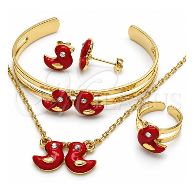 Oro Laminado Earring and Pendant Children Set, Gold Filled Style with White Crystal, Red Enamel Finish, Golden Finish, 06.65.0119