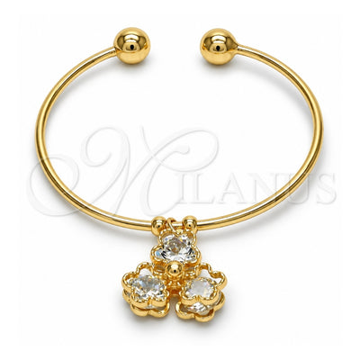 Oro Laminado Individual Bangle, Gold Filled Style Flower Design, with White Cubic Zirconia, Polished, Golden Finish, 07.63.0200 (02 MM Thickness, One size fits all)