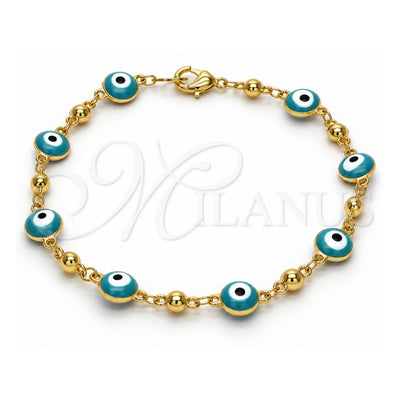 Oro Laminado Fancy Bracelet, Gold Filled Style Evil Eye Design, Green Enamel Finish, Golden Finish, 03.213.0019.2.08 (08 MM Thickness, 8 Inches Length)