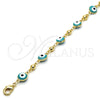 Oro Laminado Fancy Anklet, Gold Filled Style Evil Eye and Rattle Charm Design, Green Enamel Finish, Golden Finish, 03.213.0019.2.10 (08 MM Thickness, 10 Inches Length)