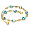 Oro Laminado Fancy Anklet, Gold Filled Style Evil Eye and Rattle Charm Design, Green Enamel Finish, Golden Finish, 03.213.0019.2.10 (08 MM Thickness, 10 Inches Length)
