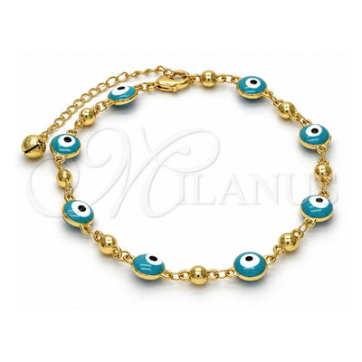 Oro Laminado Fancy Anklet, Gold Filled Style Evil Eye and Rattle Charm Design, Green Enamel Finish, Golden Finish, 03.213.0019.2.10 (08 MM Thickness, 10 Inches Length)