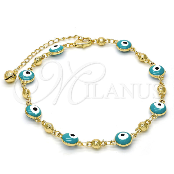 Oro Laminado Fancy Anklet, Gold Filled Style Evil Eye and Rattle Charm Design, Green Enamel Finish, Golden Finish, 03.213.0019.2.10 (08 MM Thickness, 10 Inches Length)