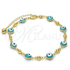 Oro Laminado Fancy Anklet, Gold Filled Style Evil Eye and Rattle Charm Design, Green Enamel Finish, Golden Finish, 03.213.0019.2.10 (08 MM Thickness, 10 Inches Length)