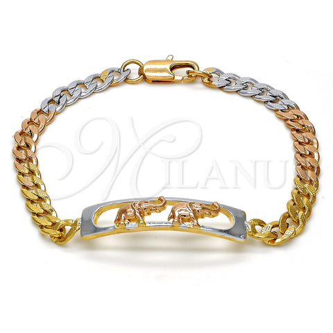Oro Laminado ID Bracelet, Gold Filled Style Elephant Design, Polished, Tricolor, 03.102.0028.08 (05 MM Thickness, 8 Inches Length)