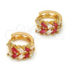 Oro Laminado Huggie Hoop, Gold Filled Style Leaf and Baguette Design, with Ruby and White Cubic Zirconia, Polished, Golden Finish, 02.267.0007.2.15
