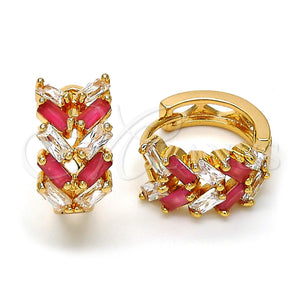 Gold Filled Hoop Earrings — Huggie Hoop Leaf and Baguette Design with Ruby — main product view — SKU 113807 | Oro Laminado aretes de aro — Huggie Hoop Leaf and Baguette diseño with Ruby — SKU 113807