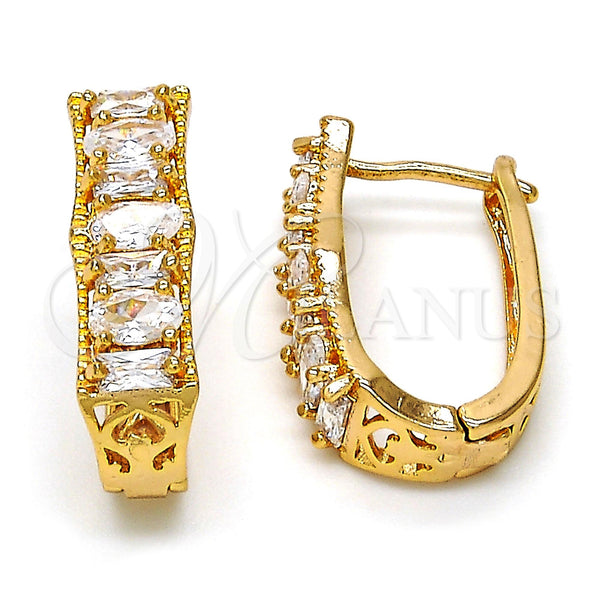 Gold Filled Hoop Earrings — Huggie Hoop Baguette Design with White Cubic Zirconia — main product view — SKU 113809 | Oro Laminado aretes de aro — Huggie Hoop Baguette diseño with blanco Cubic Zirconia — SKU 113809