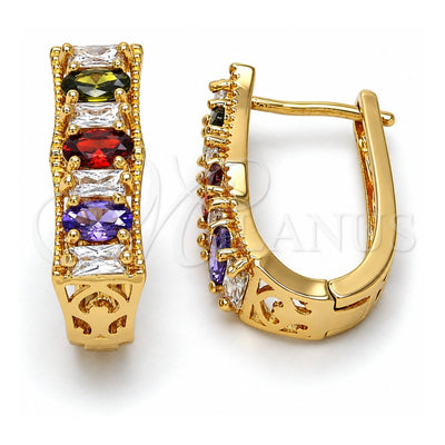 Oro Laminado Huggie Hoop, Gold Filled Style Baguette Design, with Multicolor Cubic Zirconia, Polished, Golden Finish, 02.267.0008.1.15