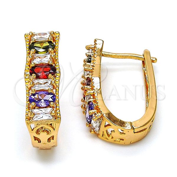 Gold Filled Hoop Earrings — Huggie Hoop Baguette Design with Multicolor Cubic Zirconia — main product view — SKU 113810 | Oro Laminado aretes de aro — Huggie Hoop Baguette diseño with Multicolor Cubic Zirconia — SKU 113810