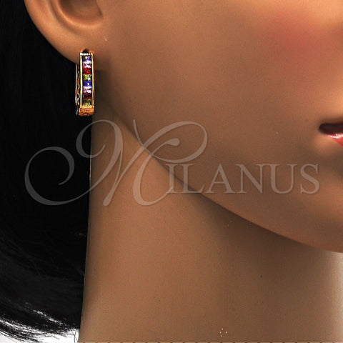 Oro Laminado Huggie Hoop, Gold Filled Style with Multicolor and White Cubic Zirconia, Polished, Golden Finish, 02.267.0010.15