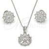 Sterling Silver Earring and Pendant Adult Set, Flower Design, with White Cubic Zirconia and White Micro Pave, Polished, Rhodium Finish, 10.286.0007