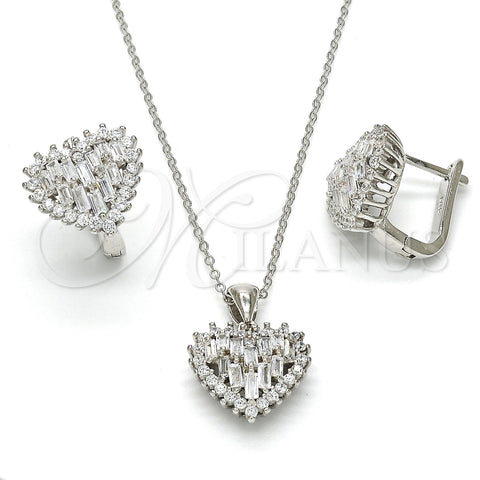 Sterling Silver Earring and Pendant Adult Set, Heart Design, with White Cubic Zirconia, Polished, Rhodium Finish, 10.175.0043