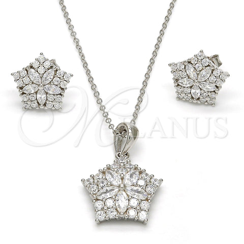 Sterling Silver Earring and Pendant Adult Set, Star and Flower Design, with White Cubic Zirconia, Polished, Rhodium Finish, 10.286.0016