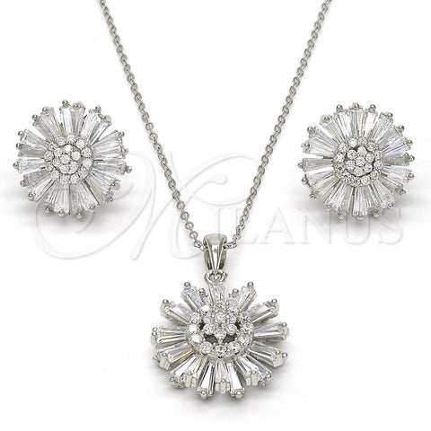 Sterling Silver Earring and Pendant Adult Set, Flower Design, with White Cubic Zirconia and White Micro Pave, Polished, Rhodium Finish, 10.286.0019