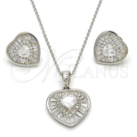 Sterling Silver Earring and Pendant Adult Set, Heart Design, with White Cubic Zirconia and White Micro Pave, Polished, Rhodium Finish, 10.286.0020