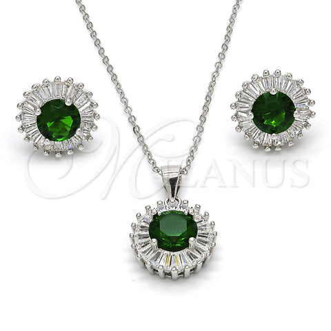 Sterling Silver Earring and Pendant Adult Set, with Green and White Cubic Zirconia, Polished, Rhodium Finish, 10.286.0024.2