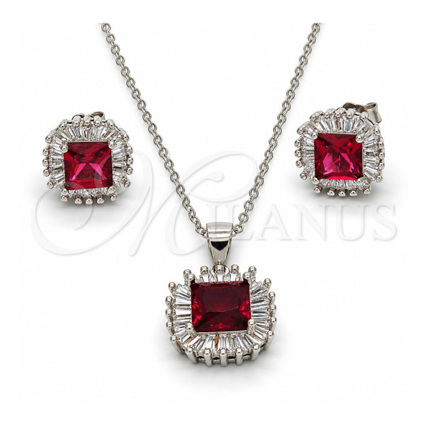 Sterling Silver Earring and Pendant Adult Set, with White and Ruby Cubic Zirconia, Polished, Rhodium Finish, 10.286.0026